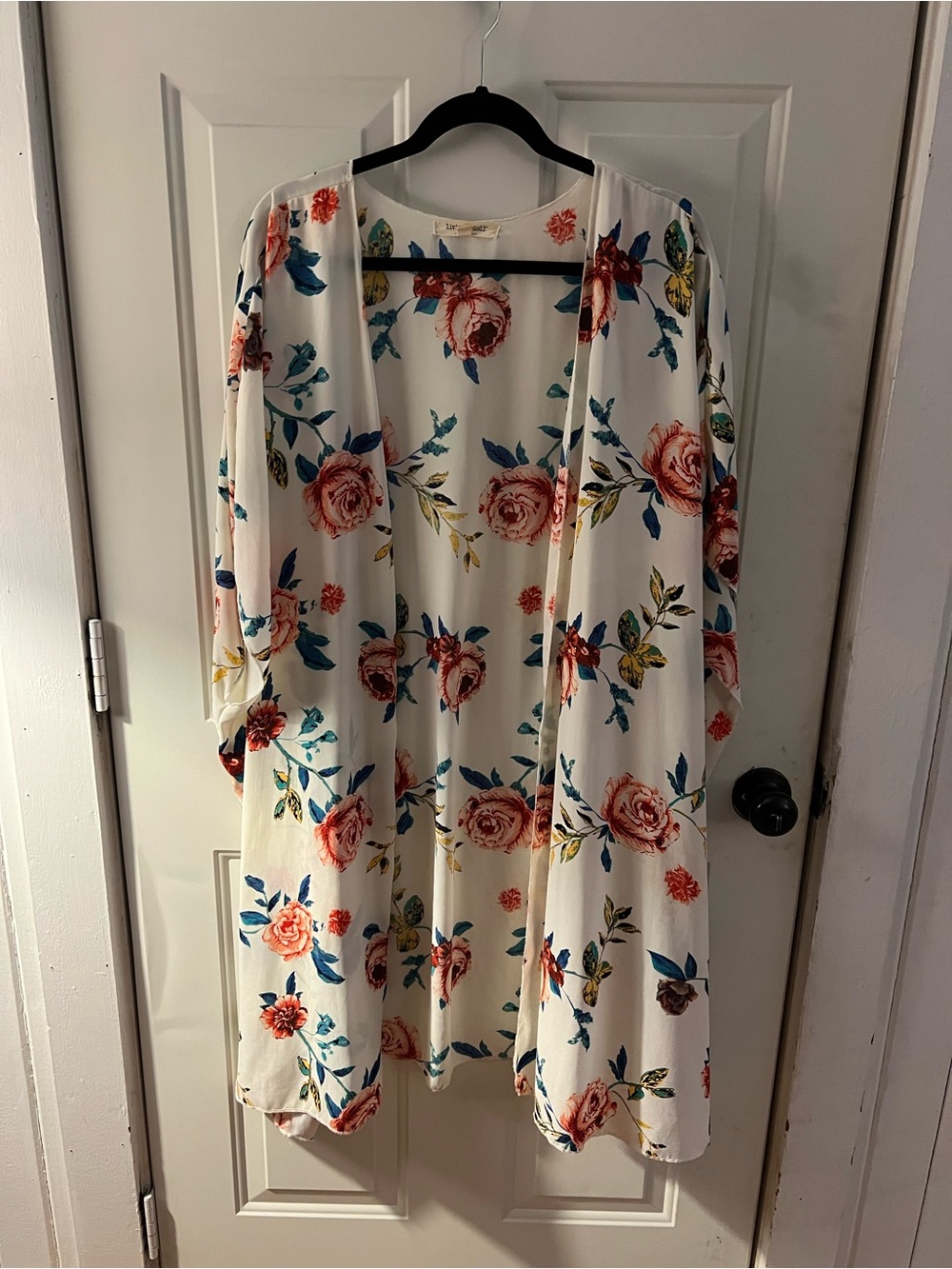 Floral Open-Front Kimono - White with Rose Print